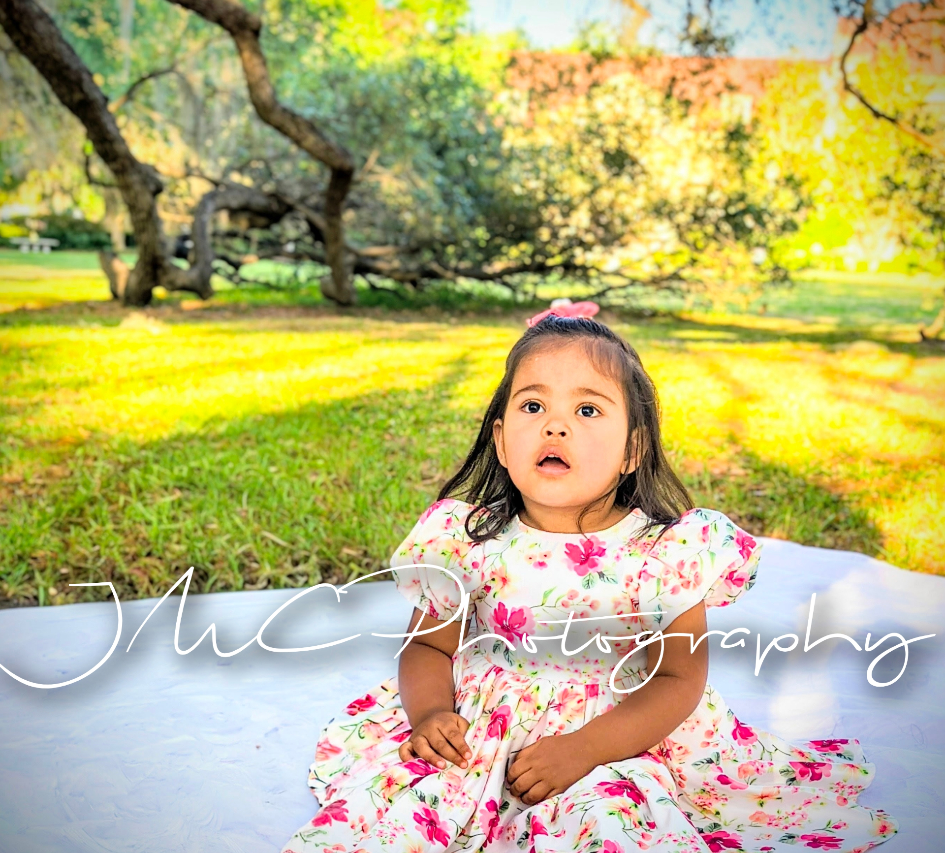 Toddler in floral dress at the park